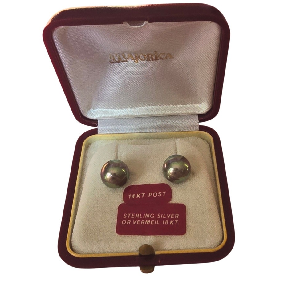 Majorica Iridescent Peacock Pearl Stud Earrings 14kt Gold Post Sterling Vermeil